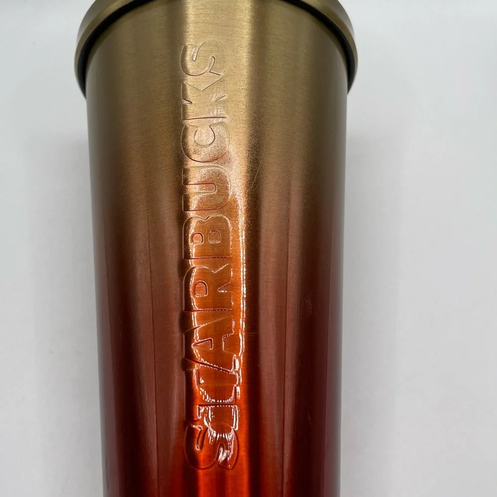 Starbucks 2014 Red Gold Gradient Stainless Steel Cup, Lid, Straw, 16oz‎